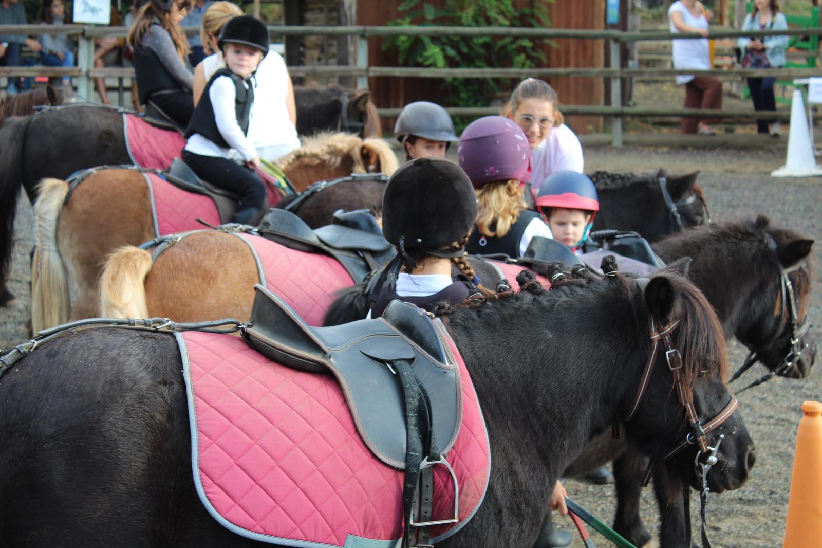 Niños con casco junto a ponis ensillados en la pista de la Petita Escola